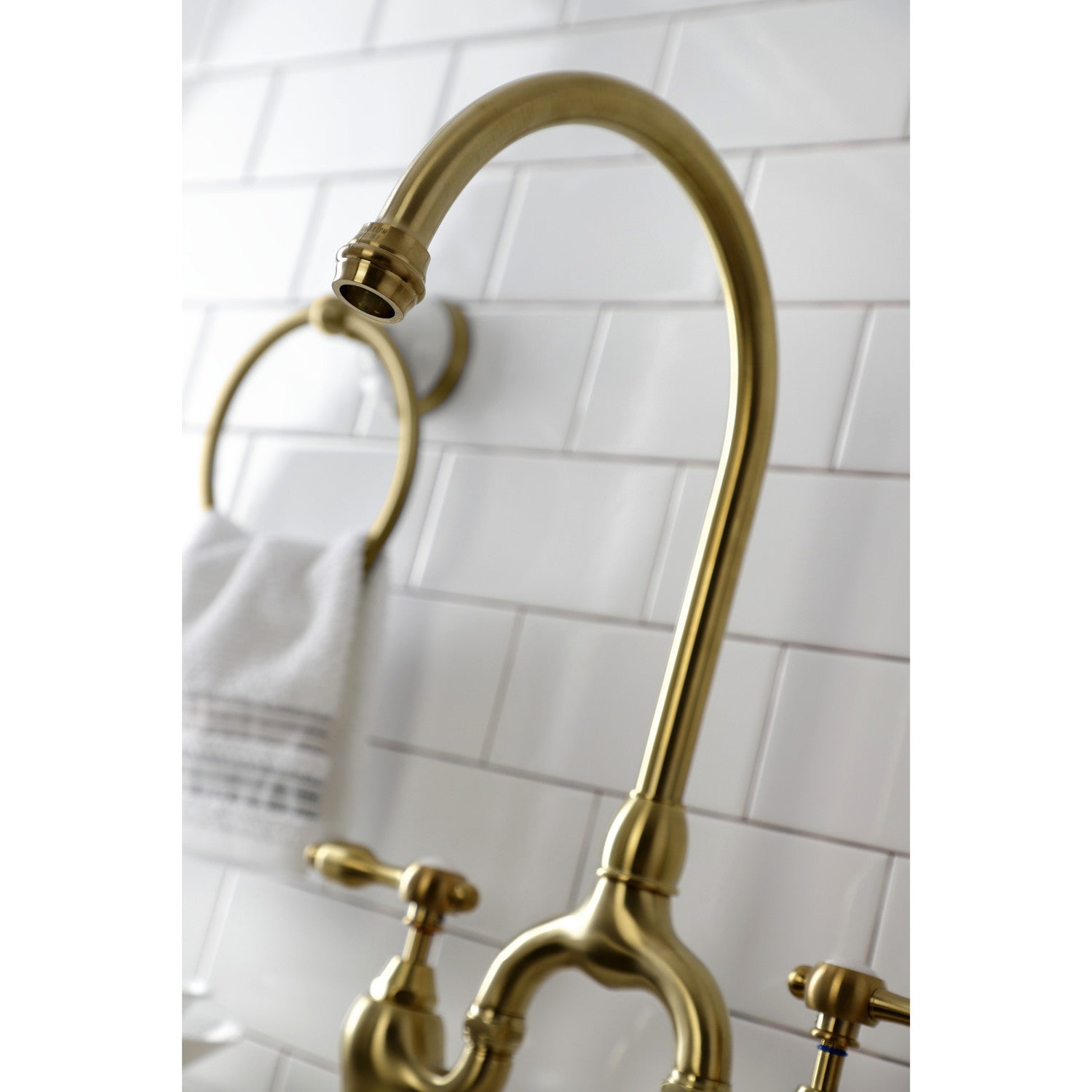 Kingston Heirloom KS7797TALBS - Tudor Two-Handle 3-Hole Deck Mount Bridge Kitchen Faucet with Brass Sprayer, Brushed Brass — thumbnail 2